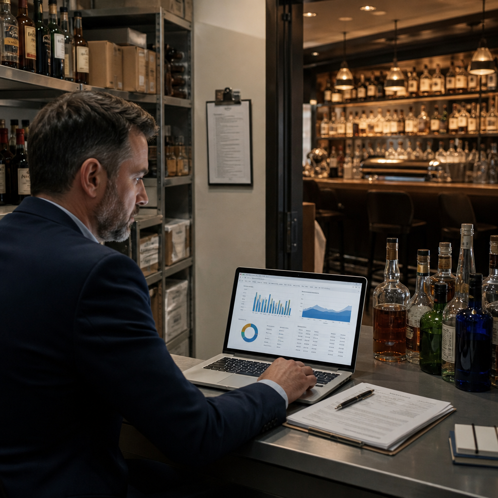 Hospitality operations leader reviewing beverage inventory analytics in a hotel bar back office