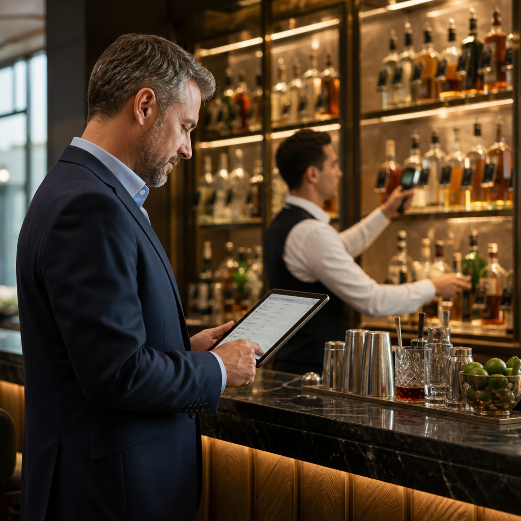 Hotel bar manager reviewing inventory on a tablet while staff scan labeled bottles in an upscale bar