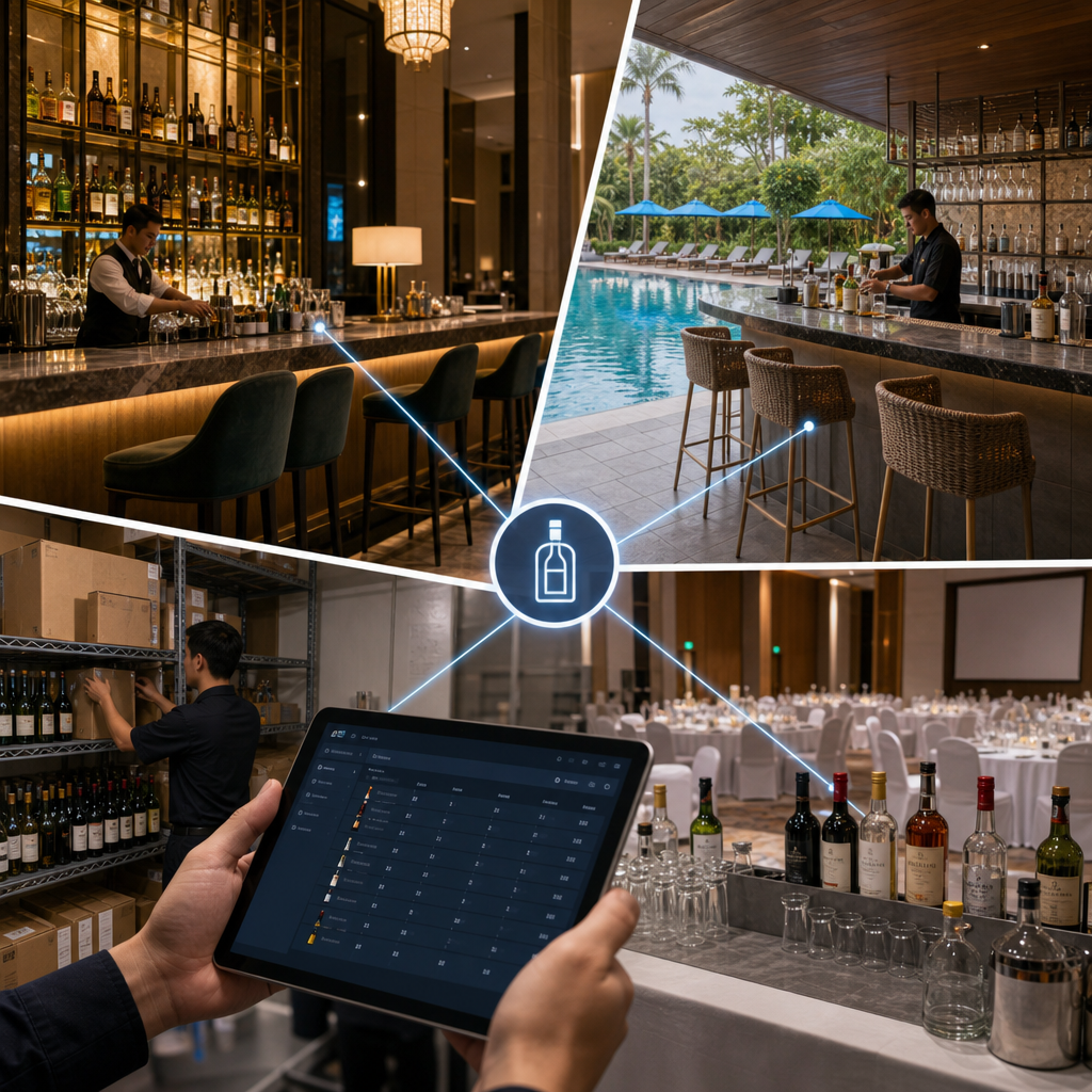 Multiple hotel bar outlets connected by digital inventory tracking overlays