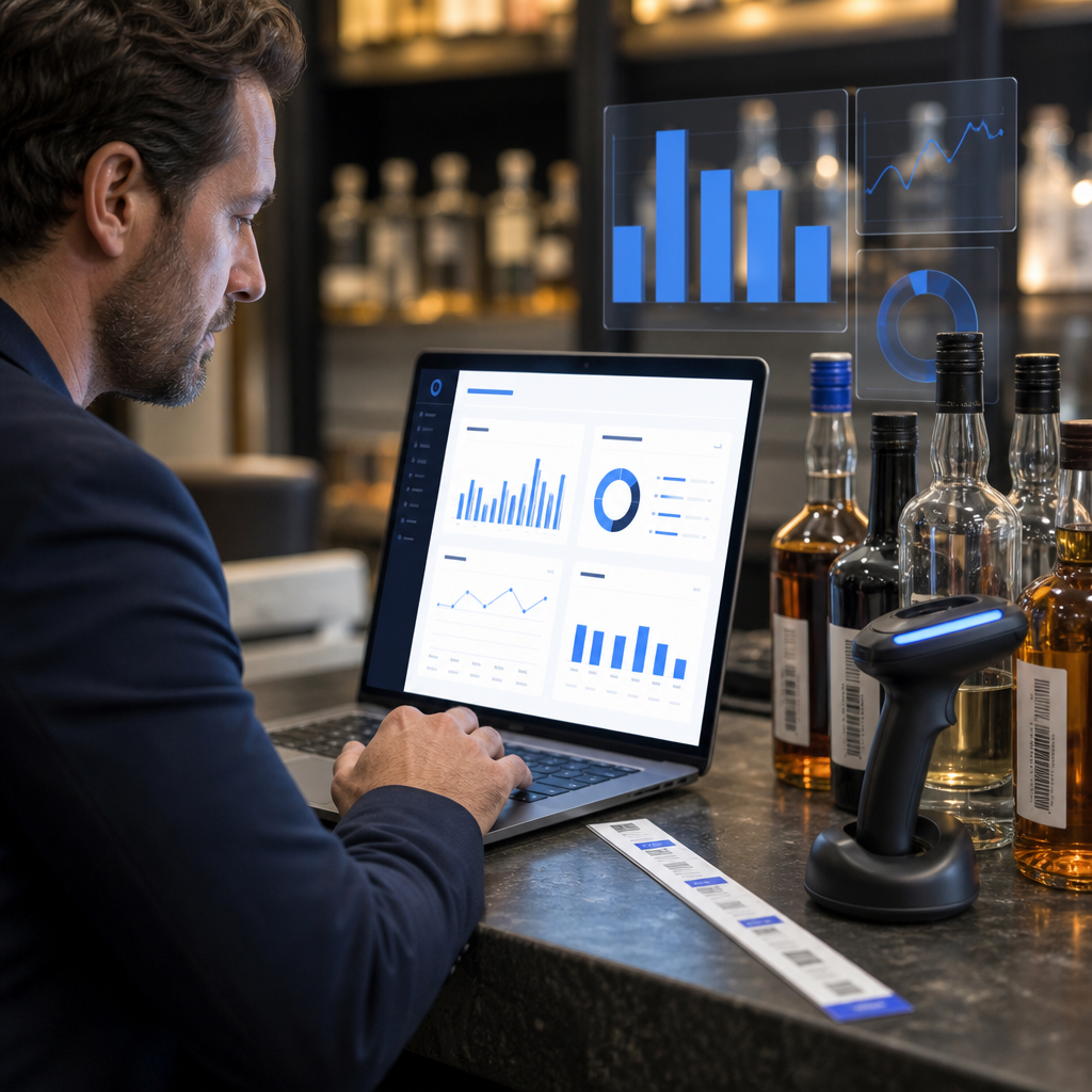 Hotel beverage manager reviewing inventory analytics dashboard beside scanned liquor bottles and barcode ruler