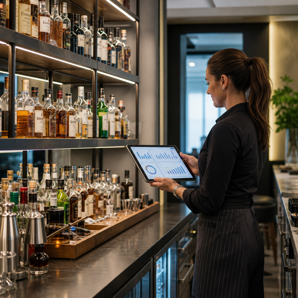 Hospitality manager reviewing inventory variance data in a calm, organized bar back area