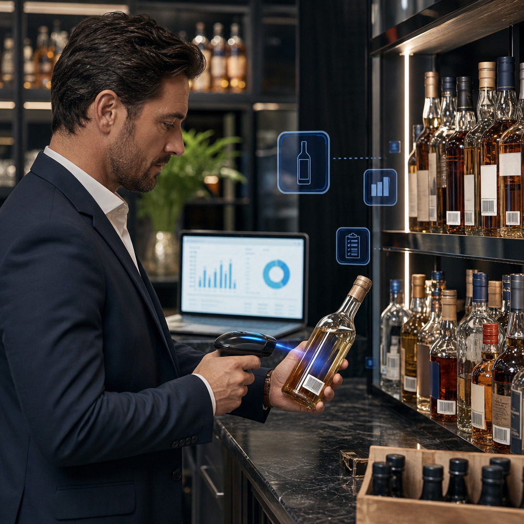 Hotel bar manager using handheld barcode scanning technology to scan liquor bottles in a hotel bar inventory setting